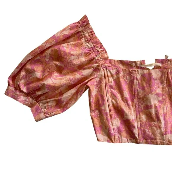 Karlie Floral Poplin Puff Sleeve Tie Back Corset Off Shoulder Crop Top Size L - Picture 5 of 11